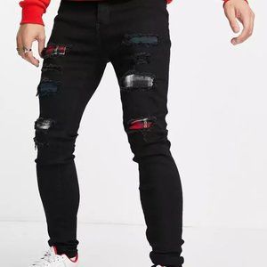 Sixth June distressed skinny jeans with tartan detailing in black punk emo goth